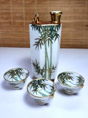 Vintage Kutani Porcelain Sake Set Hexagonal Decanter Gold Bird Bamboo 4pc